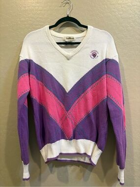 LaMode V-Neck Chevron Knit Sweater in White, Purple & Pink